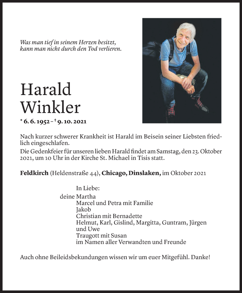  Todesanzeige für Harald Winkler vom 15.10.2021 aus Vorarlberger Nachrichten