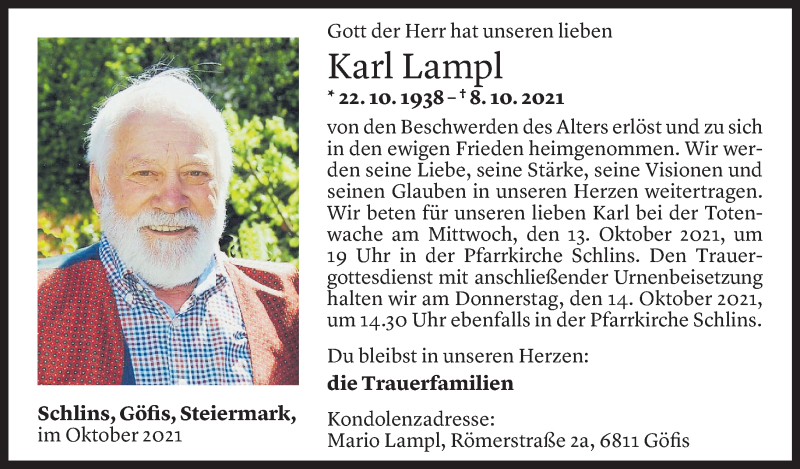  Todesanzeige für Karl Lampl vom 11.10.2021 aus Vorarlberger Nachrichten