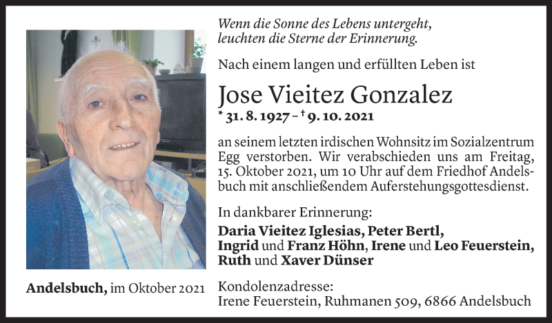  Todesanzeige für Jose Gonzalez vom 12.10.2021 aus Vorarlberger Nachrichten
