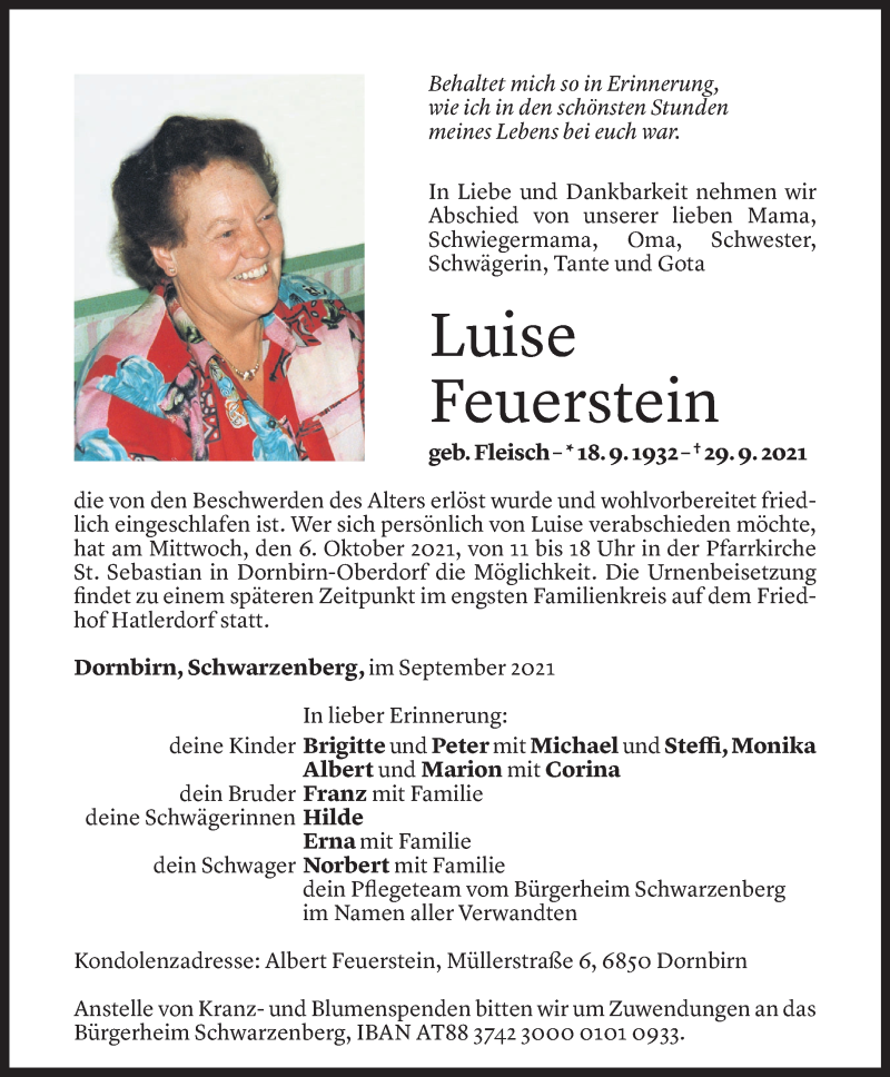  Todesanzeige für Luise Feuerstein vom 01.10.2021 aus Vorarlberger Nachrichten