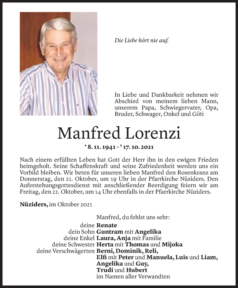  Todesanzeige für Manfred Lorenzi vom 20.10.2021 aus Vorarlberger Nachrichten