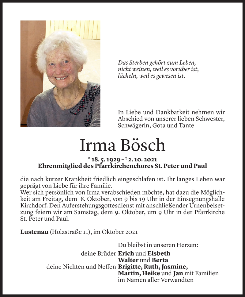  Todesanzeige für Irma Bösch vom 05.10.2021 aus Vorarlberger Nachrichten