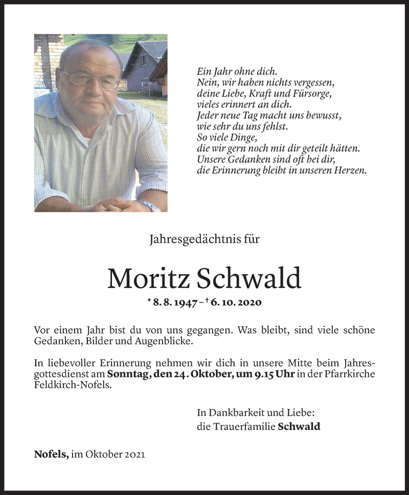  Todesanzeige für Moritz Schwald vom 15.10.2021 aus Vorarlberger Nachrichten