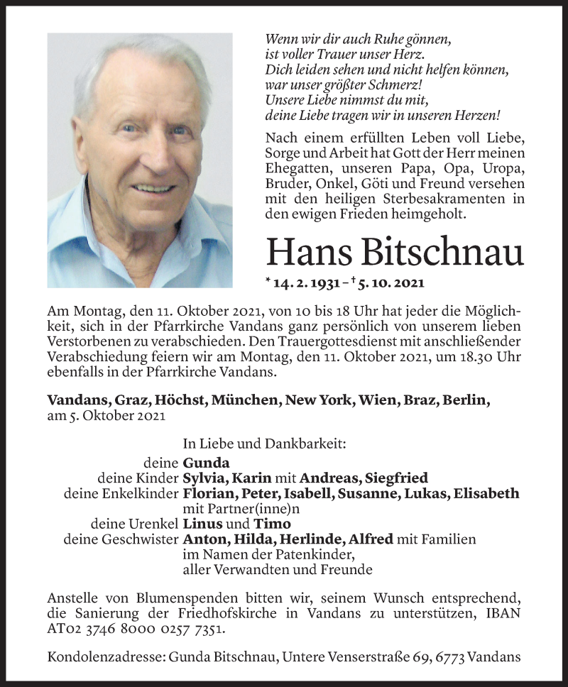  Todesanzeige für Johann Bitschnau vom 09.10.2021 aus Vorarlberger Nachrichten
