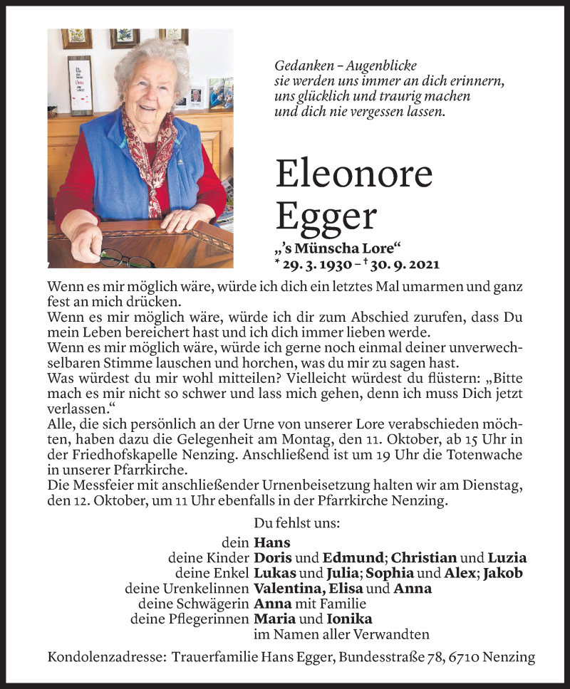  Todesanzeige für Eleonore Egger vom 07.10.2021 aus Vorarlberger Nachrichten
