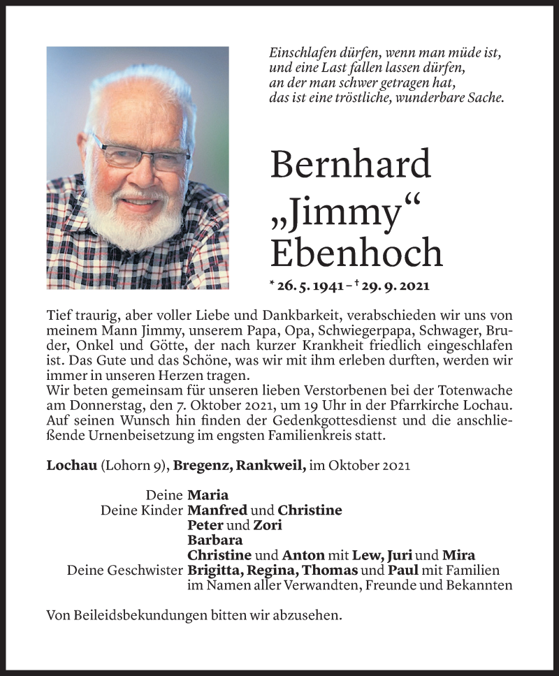  Todesanzeige für Bernhard Ebenhoch vom 04.10.2021 aus Vorarlberger Nachrichten
