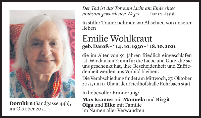  Todesanzeige für Emilie Wohlkraut vom 22.10.2021 aus Vorarlberger Nachrichten