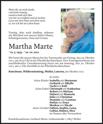 Todesanzeige von Martha Marte von Vorarlberger Nachrichten