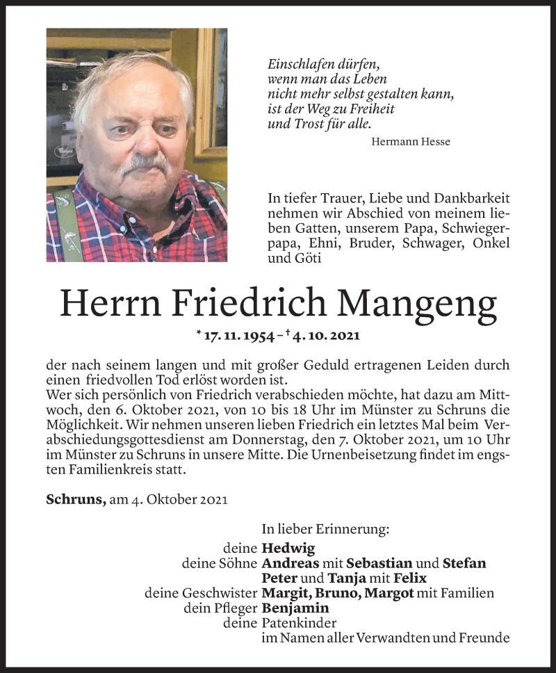  Todesanzeige für Friedrich Mangeng vom 05.10.2021 aus Vorarlberger Nachrichten
