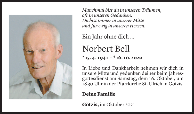  Todesanzeige für Norbert Bell vom 14.10.2021 aus Vorarlberger Nachrichten