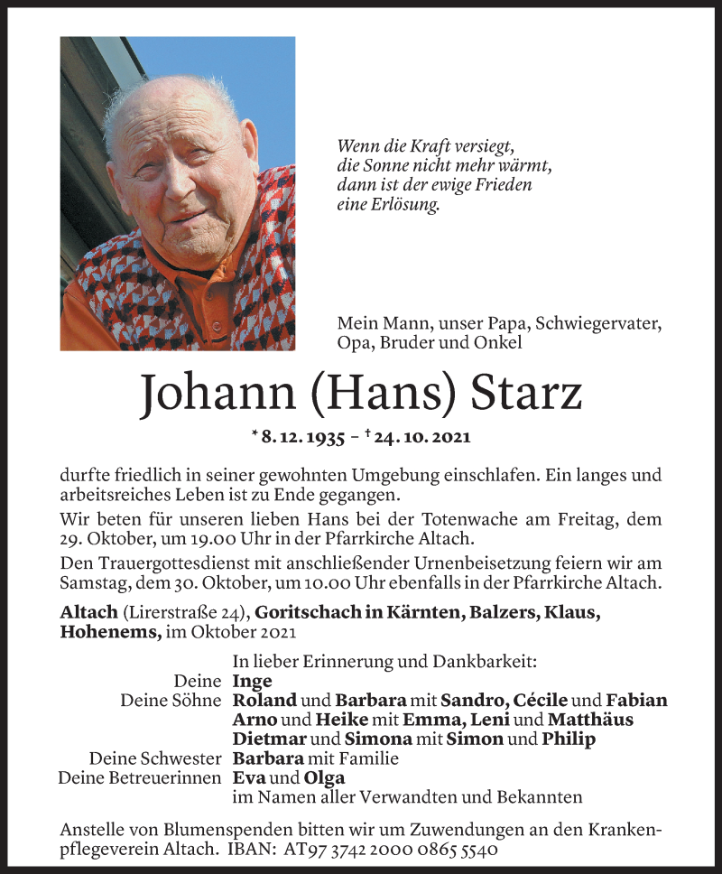  Todesanzeige für Johann Starz vom 27.10.2021 aus Vorarlberger Nachrichten