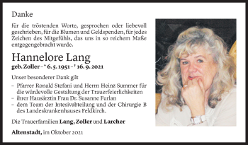 Todesanzeige von Hannelore Lang von Vorarlberger Nachrichten