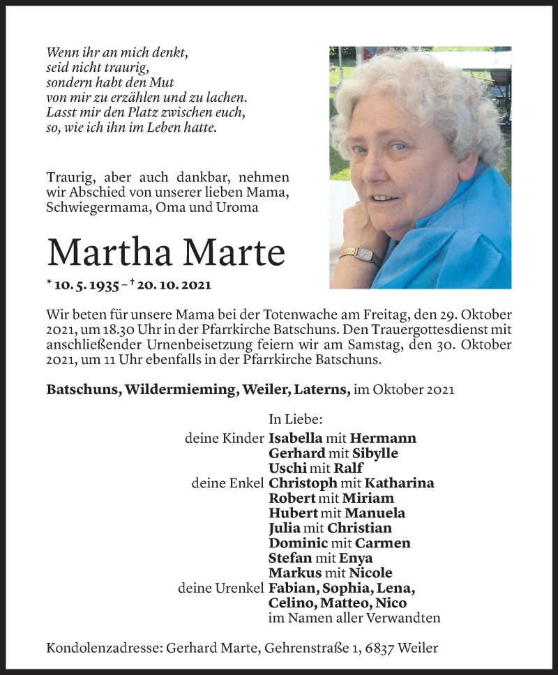  Todesanzeige für Martha Marte vom 26.10.2021 aus Vorarlberger Nachrichten