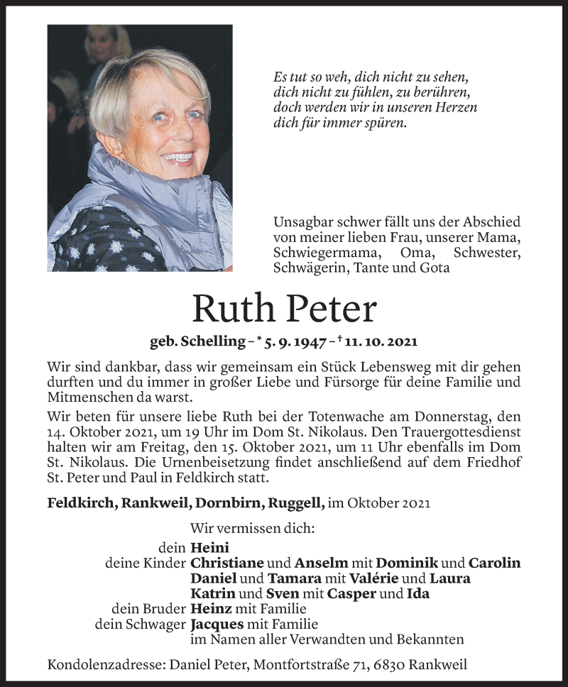  Todesanzeige für Ruth Peter vom 12.10.2021 aus Vorarlberger Nachrichten