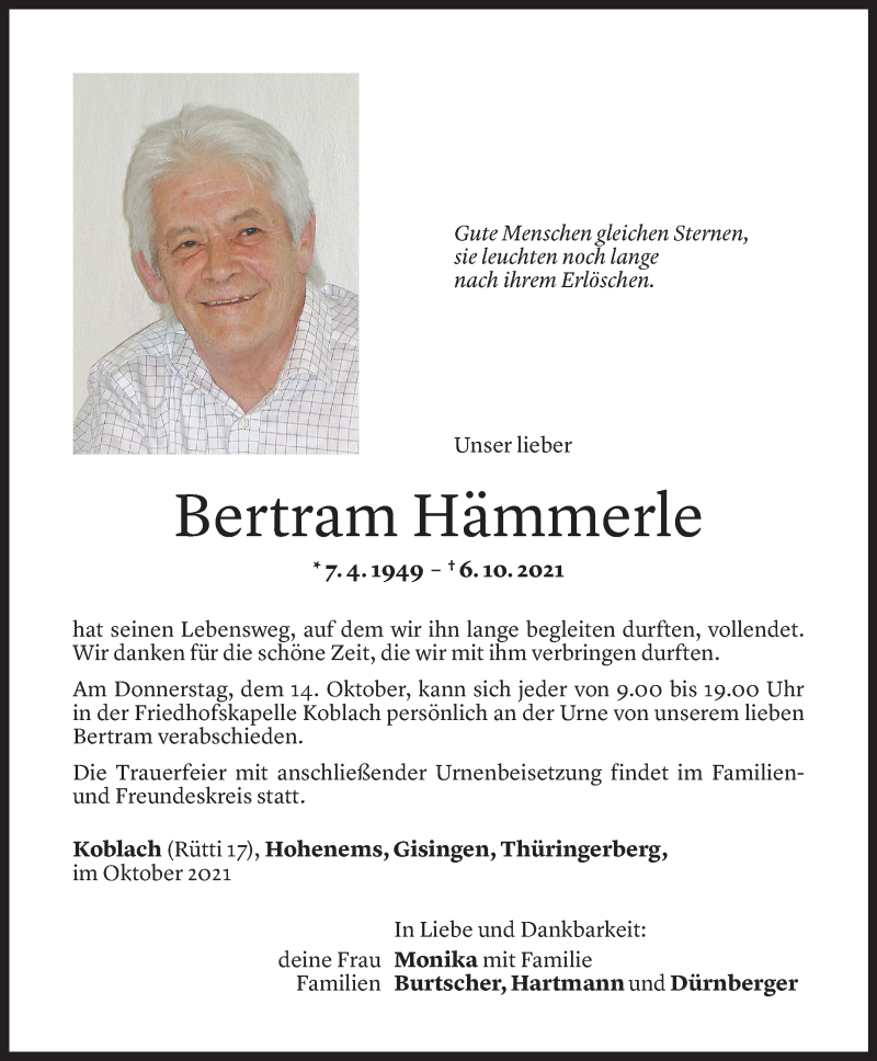 Todesanzeige für Bertram Hämmerle vom 12.10.2021 aus Vorarlberger Nachrichten