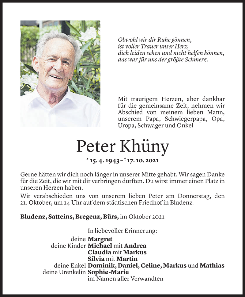  Todesanzeige für Peter Khüny vom 20.10.2021 aus Vorarlberger Nachrichten