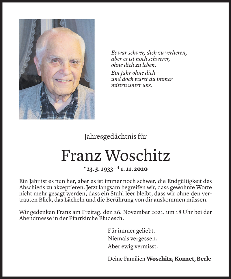  Todesanzeige für Franz Woschitz vom 30.10.2021 aus Vorarlberger Nachrichten