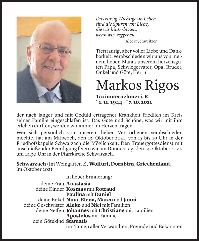  Todesanzeige für Rigos Markos vom 10.10.2021 aus Vorarlberger Nachrichten