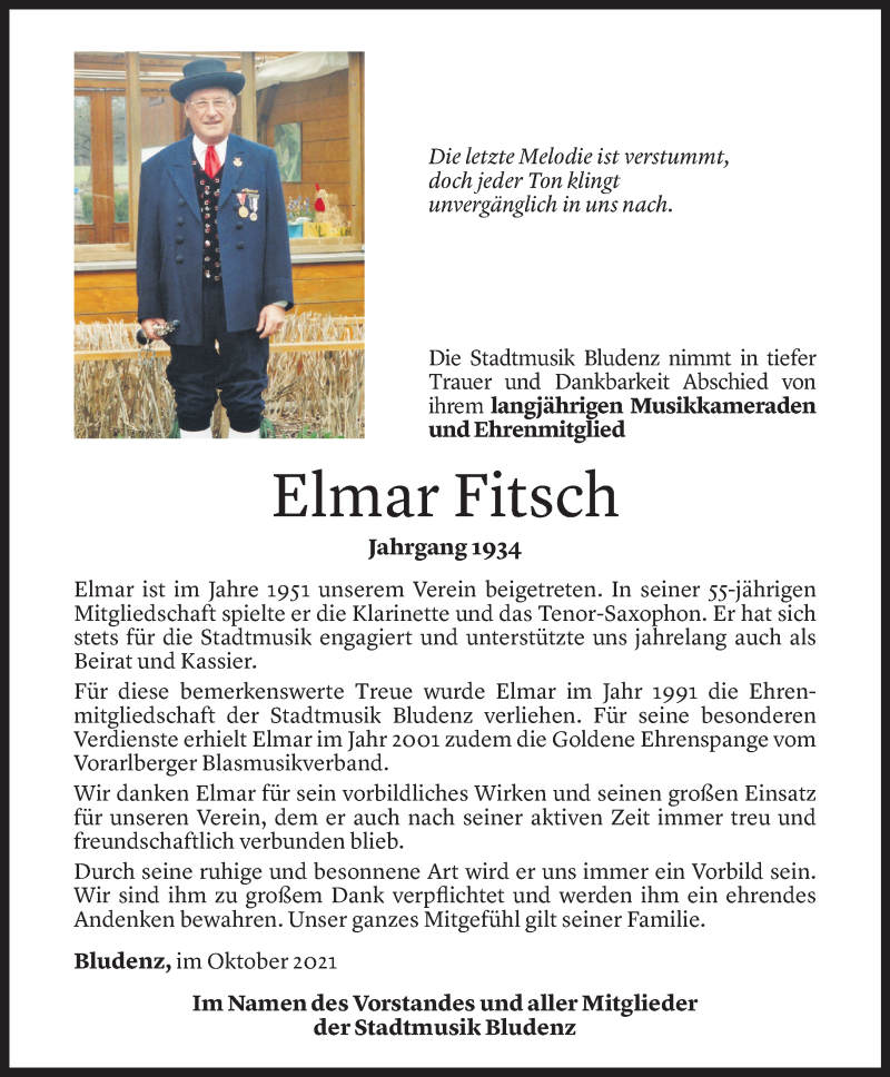  Todesanzeige für Elmar Fitsch vom 23.10.2021 aus Vorarlberger Nachrichten