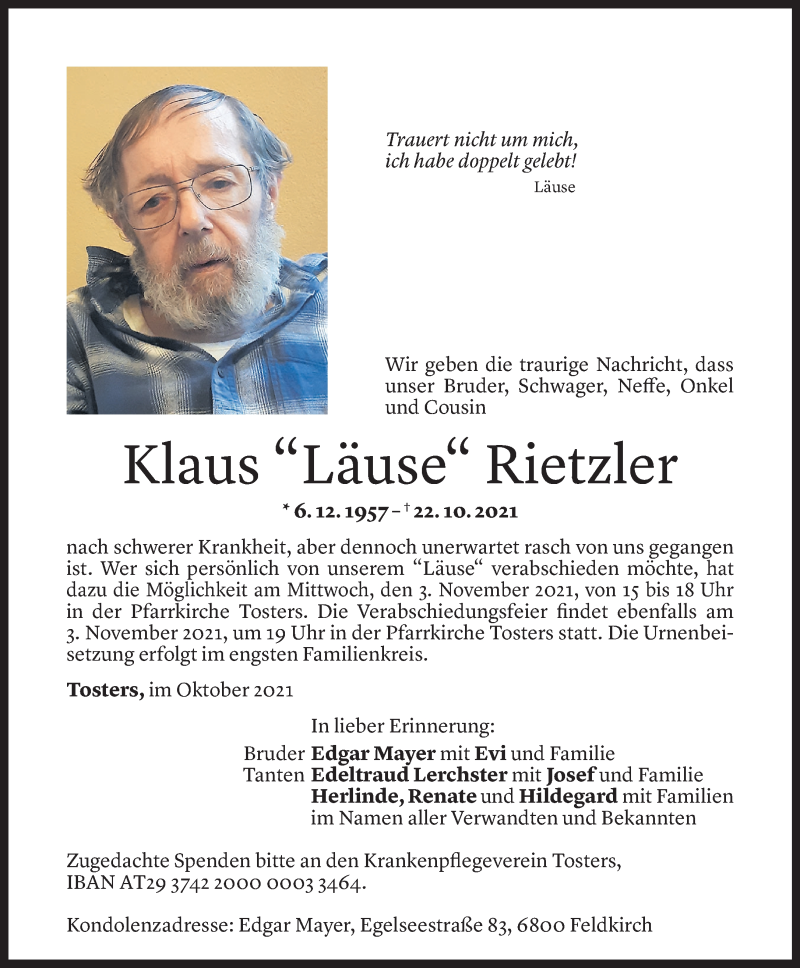  Todesanzeige für Klaus Rietzler vom 28.10.2021 aus Vorarlberger Nachrichten