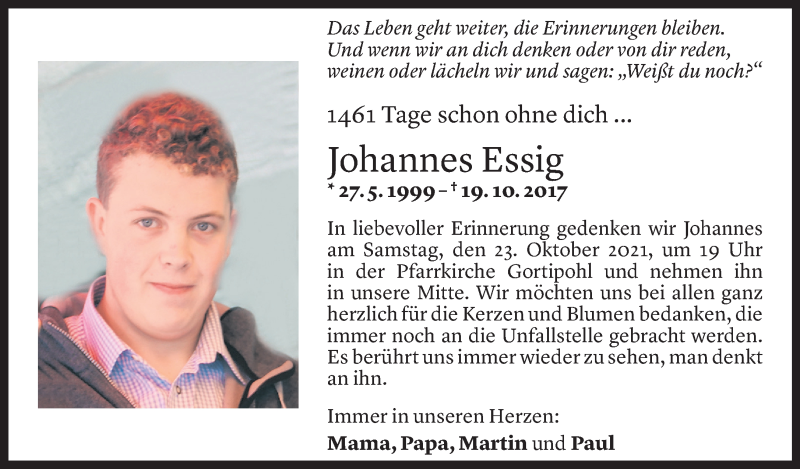  Todesanzeige für Johannes Essig vom 18.10.2021 aus Vorarlberger Nachrichten
