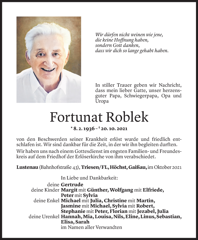  Todesanzeige für Fortunat Roblek vom 24.10.2021 aus Vorarlberger Nachrichten