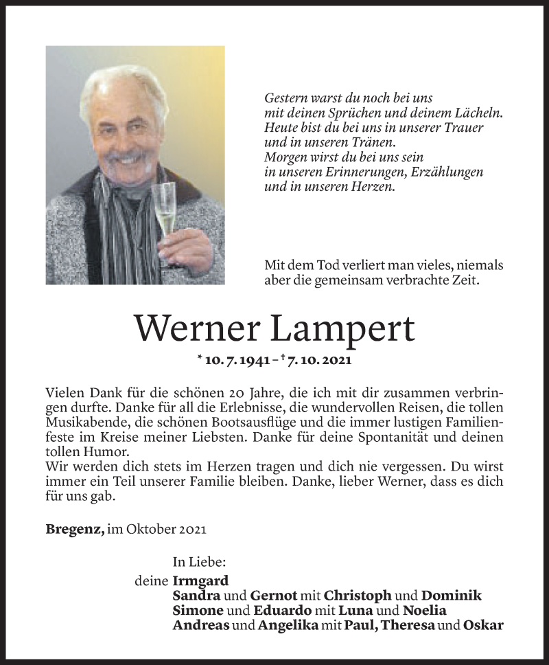 Todesanzeige für Werner Lampert vom 23.10.2021 aus Vorarlberger Nachrichten