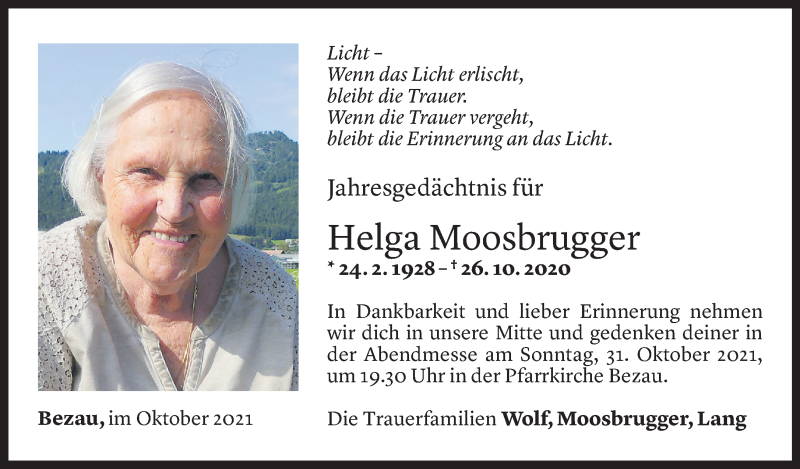  Todesanzeige für Helga Moosbrugger vom 28.10.2021 aus Vorarlberger Nachrichten