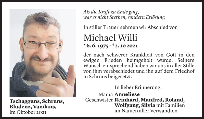  Todesanzeige für Michael Willi vom 07.10.2021 aus Vorarlberger Nachrichten