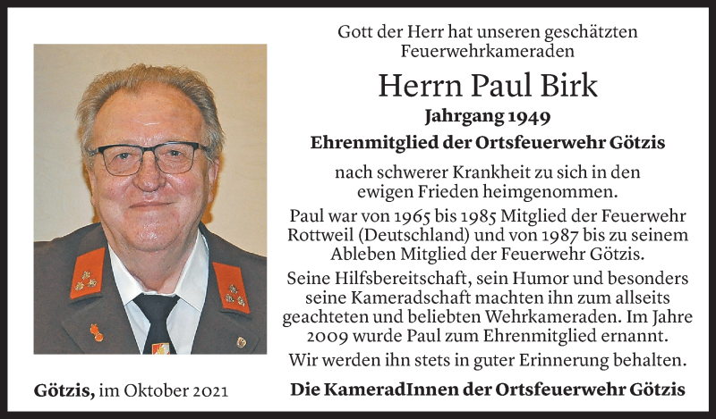  Todesanzeige für Paul Birk vom 06.10.2021 aus Vorarlberger Nachrichten