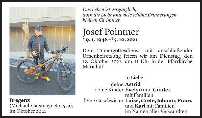 Todesanzeige für Josef Pointner vom 08.10.2021 aus Vorarlberger Nachrichten