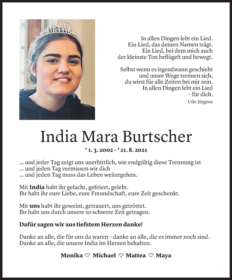  Todesanzeige für India Mara Burtscher vom 14.10.2021 aus Vorarlberger Nachrichten