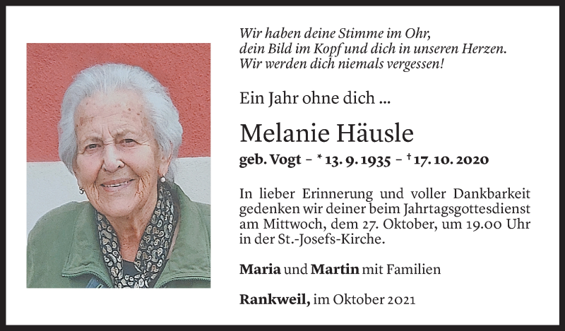  Todesanzeige für Melanie Häusle vom 16.10.2021 aus Vorarlberger Nachrichten