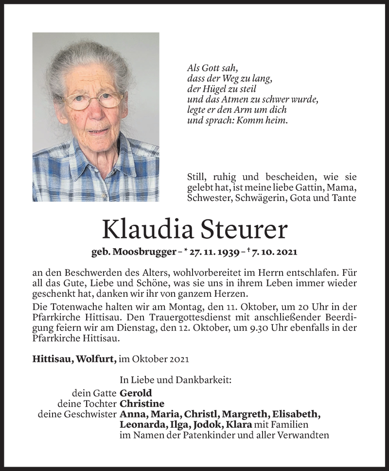  Todesanzeige für Klaudia Steurer vom 08.10.2021 aus Vorarlberger Nachrichten