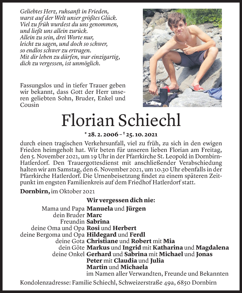  Todesanzeige für Florian Schiechl vom 29.10.2021 aus Vorarlberger Nachrichten