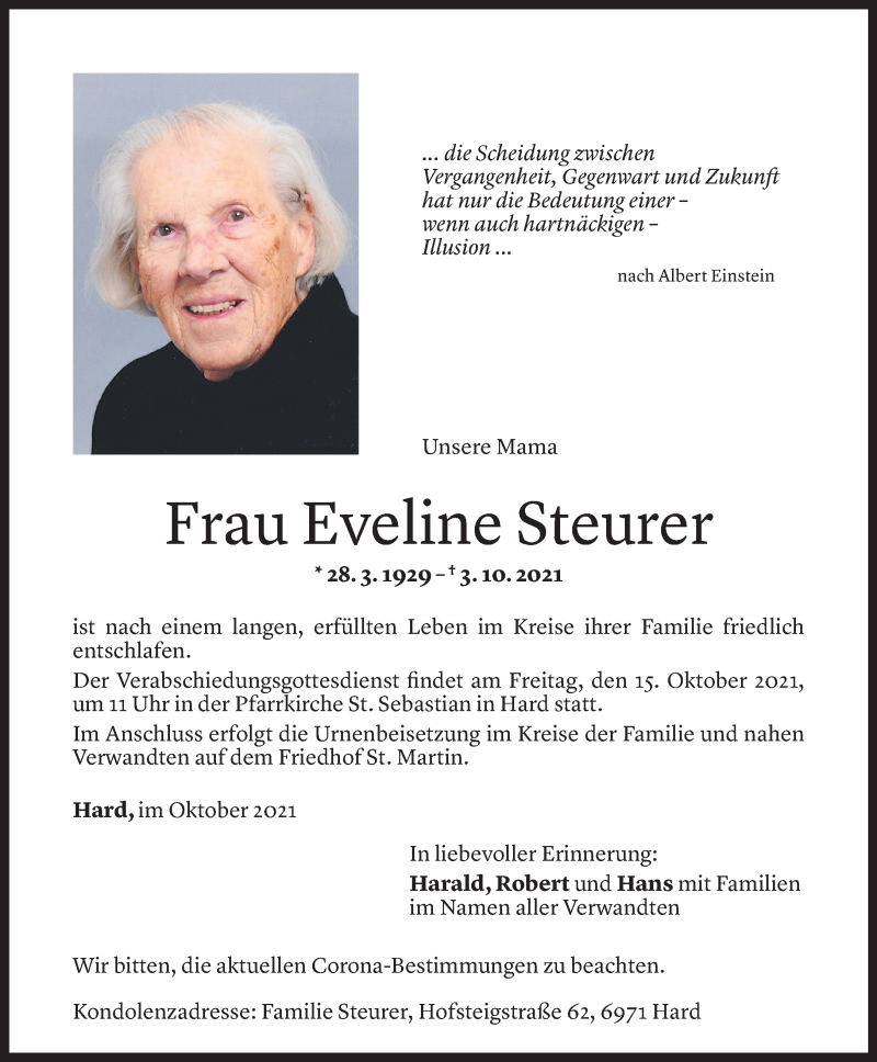  Todesanzeige für Eveline Steurer vom 12.10.2021 aus Vorarlberger Nachrichten
