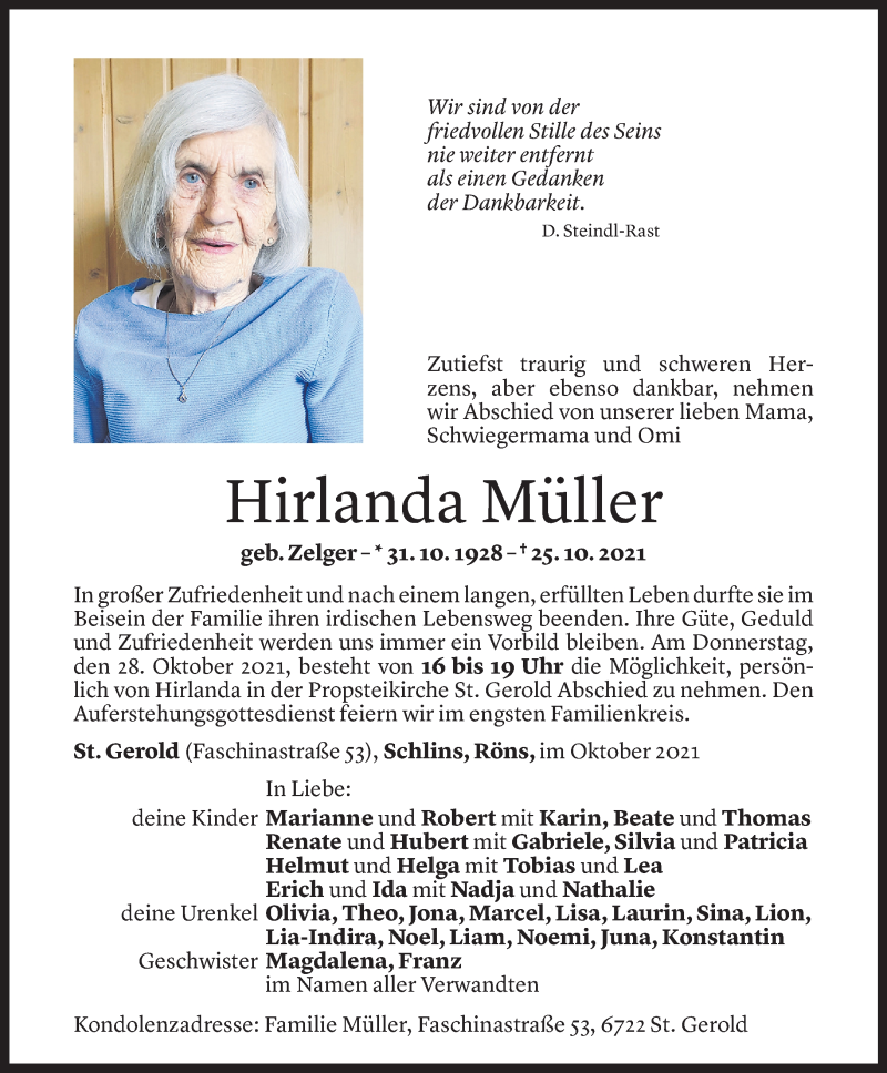  Todesanzeige für Hirlanda Müller vom 26.10.2021 aus Vorarlberger Nachrichten