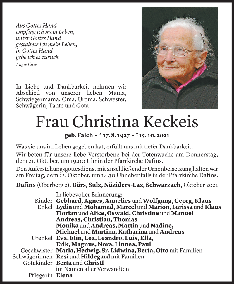  Todesanzeige für Christina Keckeis vom 19.10.2021 aus Vorarlberger Nachrichten