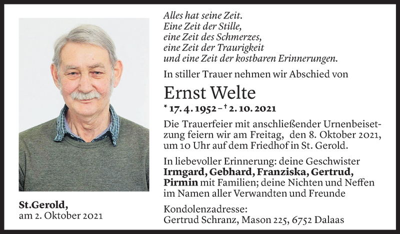  Todesanzeige für Ernst Welte vom 05.10.2021 aus Vorarlberger Nachrichten