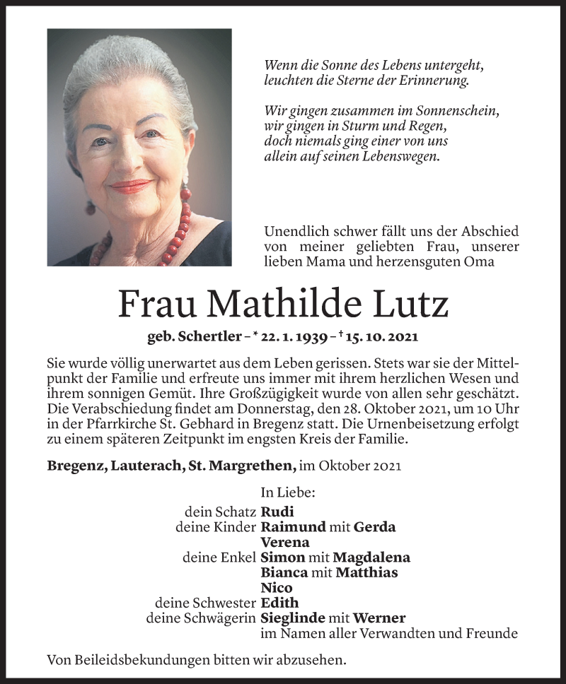  Todesanzeige für Mathilde Lutz vom 24.10.2021 aus Vorarlberger Nachrichten