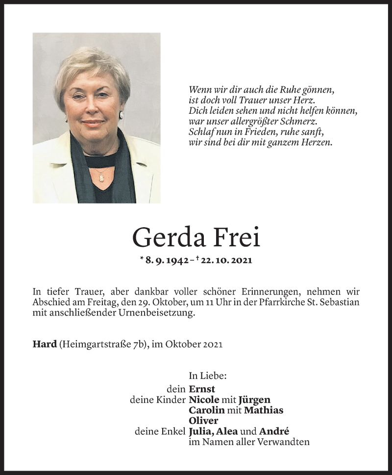  Todesanzeige für Gerda Frei vom 26.10.2021 aus Vorarlberger Nachrichten