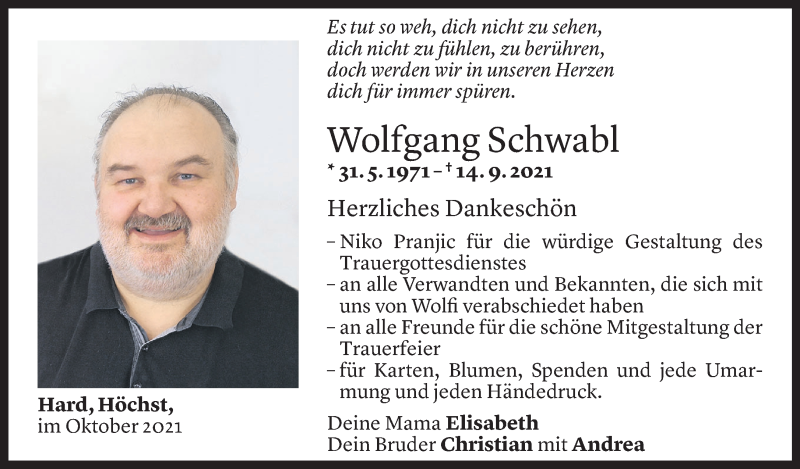  Todesanzeige für Wolfgang Schwabl vom 08.10.2021 aus Vorarlberger Nachrichten