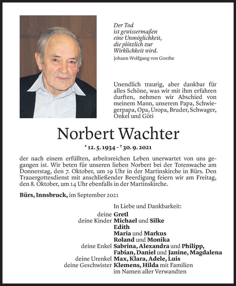  Todesanzeige für Norbert Wachter vom 06.10.2021 aus Vorarlberger Nachrichten