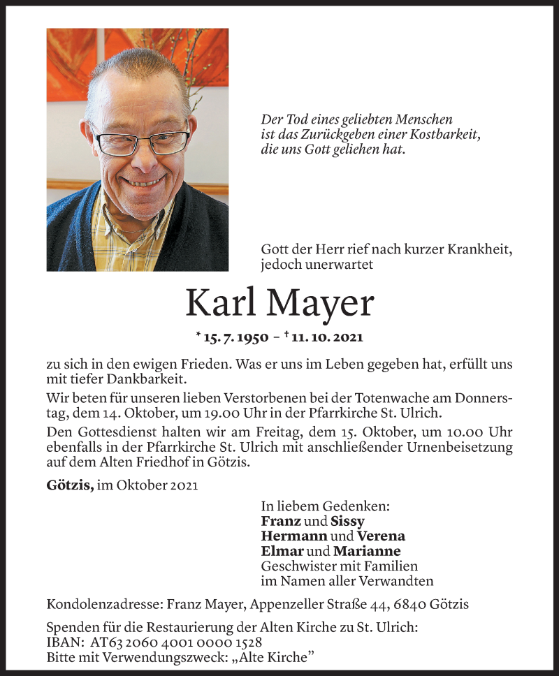  Todesanzeige für Karl Mayer vom 14.10.2021 aus Vorarlberger Nachrichten