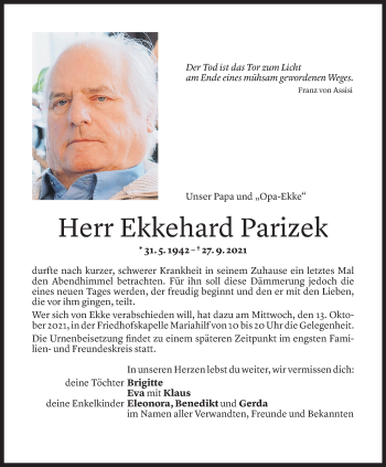 Todesanzeige von Ekkehard Parizek von Vorarlberger Nachrichten
