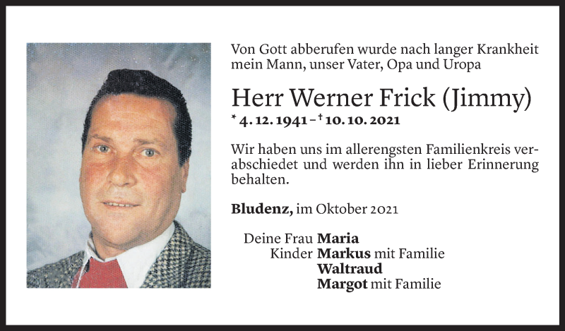  Todesanzeige für Werner Frick vom 15.10.2021 aus Vorarlberger Nachrichten