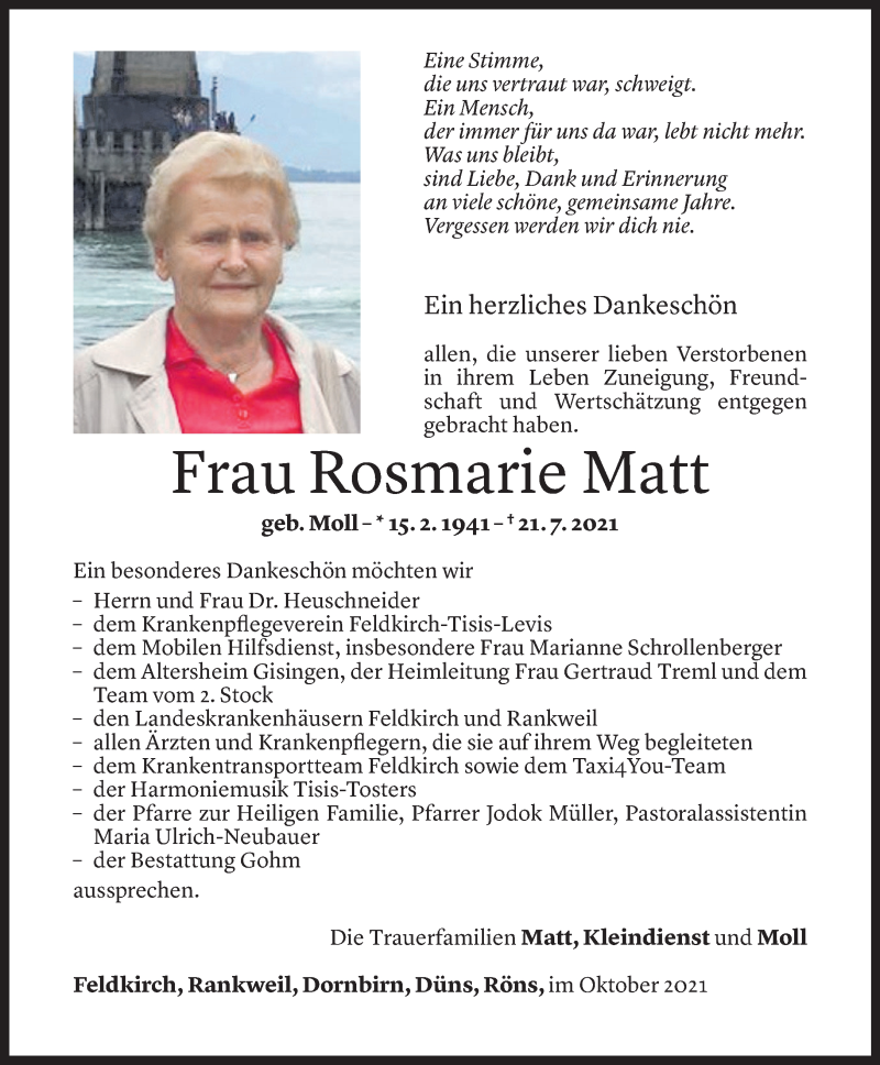  Todesanzeige für Rosmarie Matt vom 22.10.2021 aus Vorarlberger Nachrichten