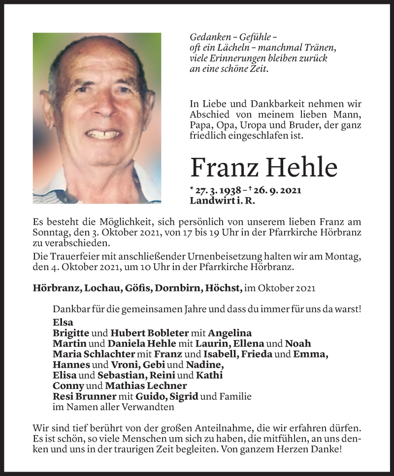  Todesanzeige für Franz Hehle vom 01.10.2021 aus Vorarlberger Nachrichten