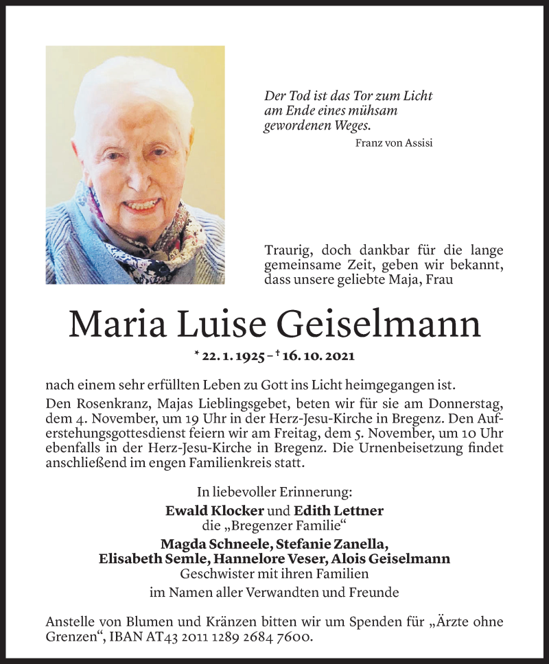 Todesanzeigen von Maria Luise Geiselmann | Todesanzeigen Vorarlberger ...