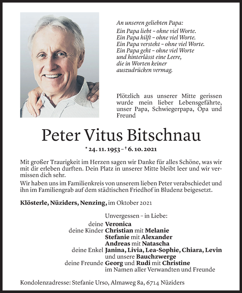  Todesanzeige für Peter Vitus Bitschnau vom 16.10.2021 aus Vorarlberger Nachrichten